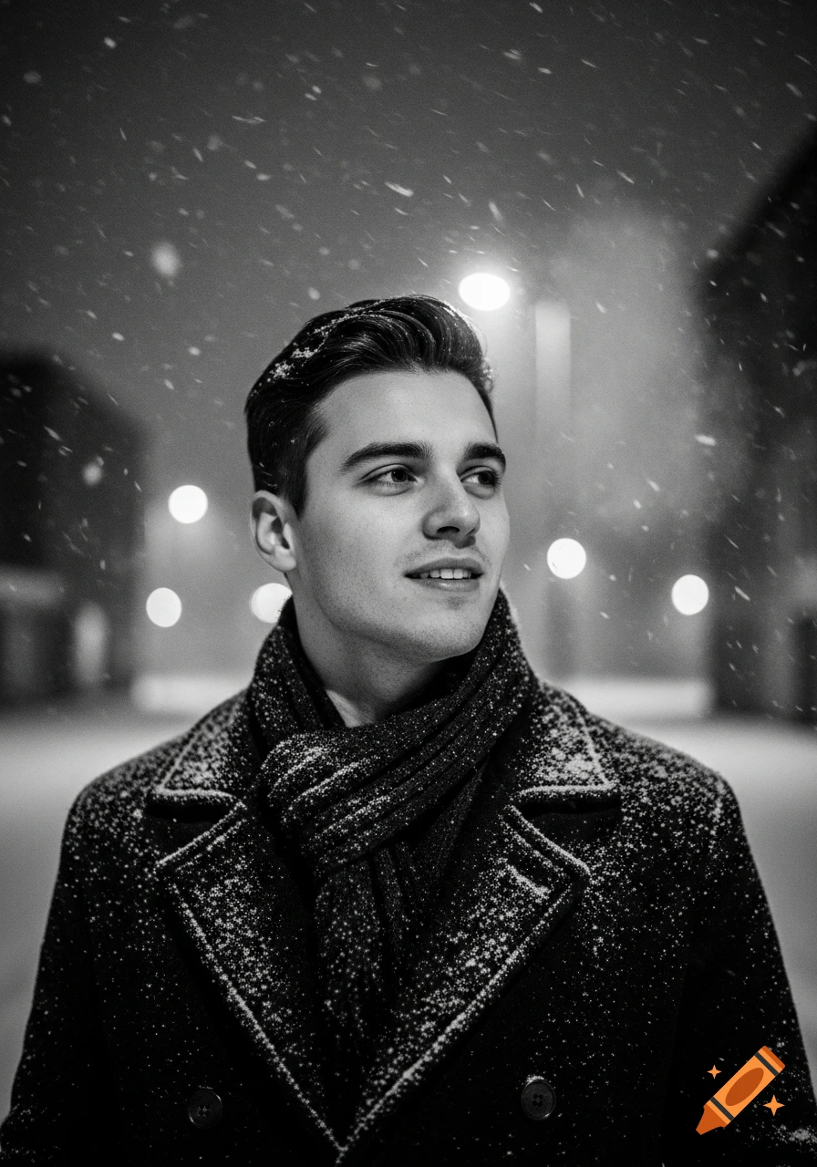 Black and white portrait of a young man in a winter coat and scarf, smiling amidst falling snow at night with city lights in the background.