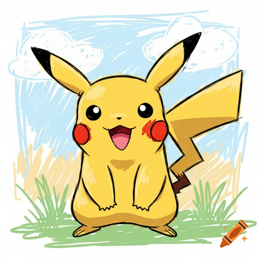 A colorful, sketchy drawing of a smiling Pikachu in a field under a blue sky with clouds.