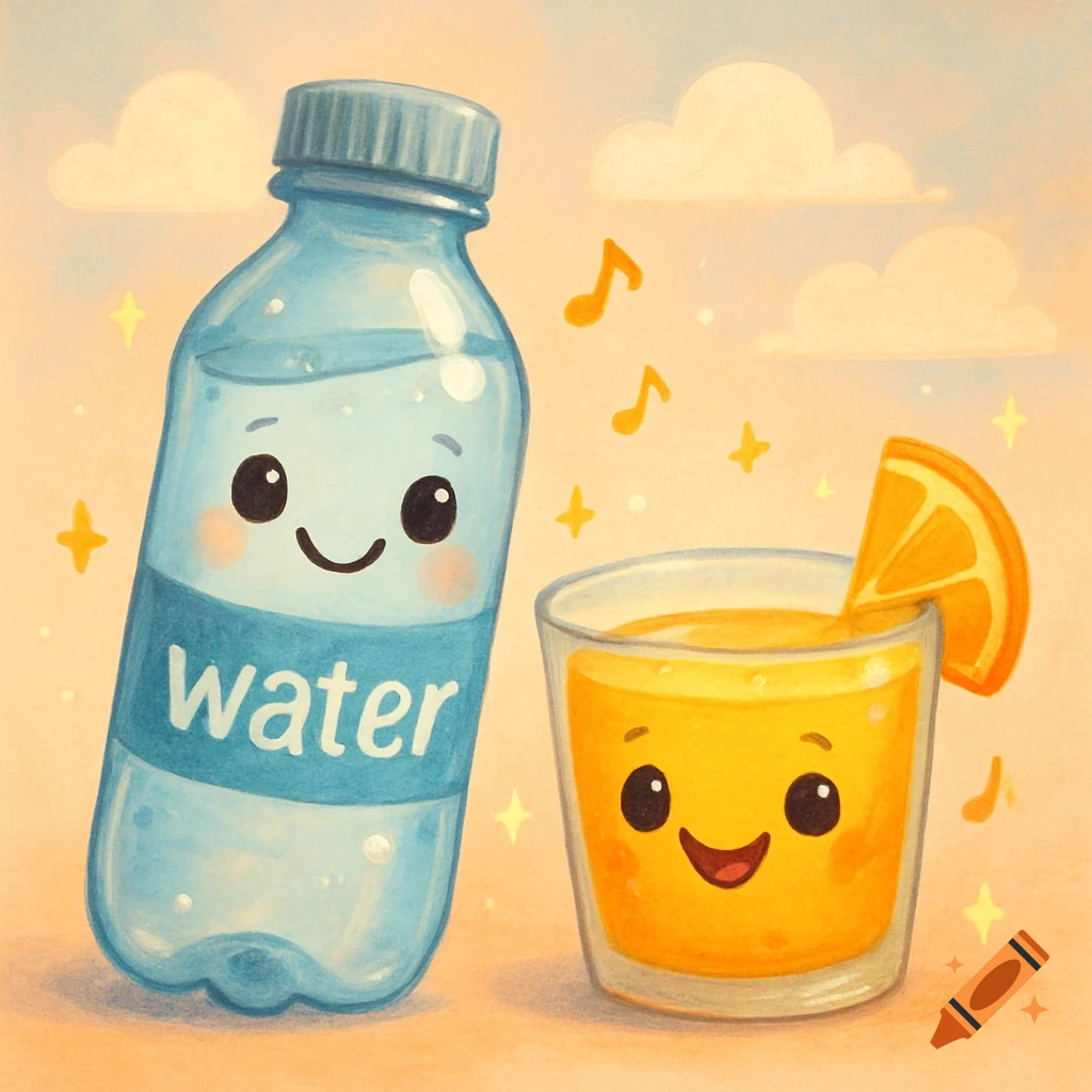 A cute, smiling cartoon water bottle with a 'water' label next to a happy glass of orange juice with an orange slice, in a watercolor style.