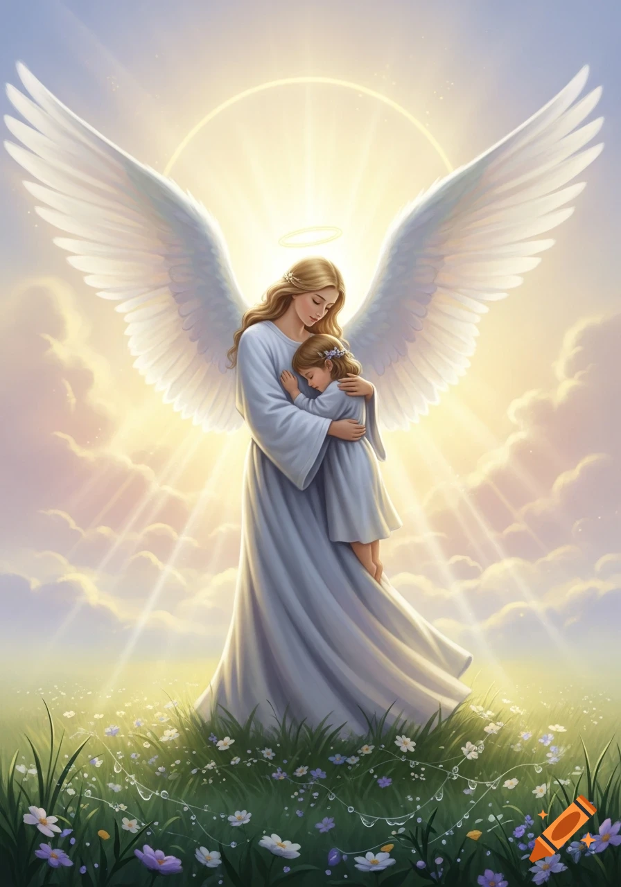 An ethereal illustration of a winged angel with a halo gently hugging a small child in a glowing, cloudy sky above a field of flowers.