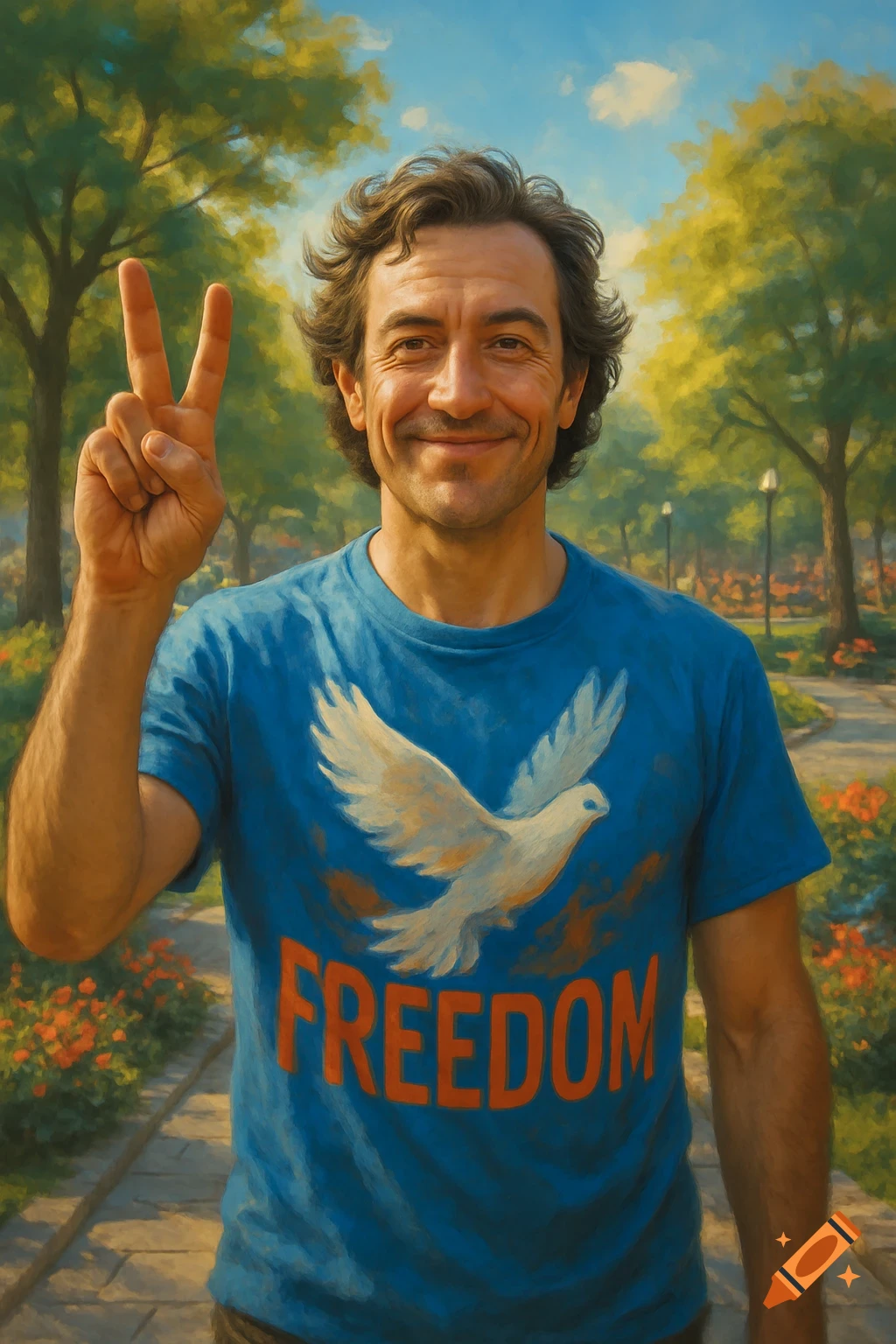 A smiling man in a blue shirt with a white dove and the word FREEDOM, making a peace sign in a park.