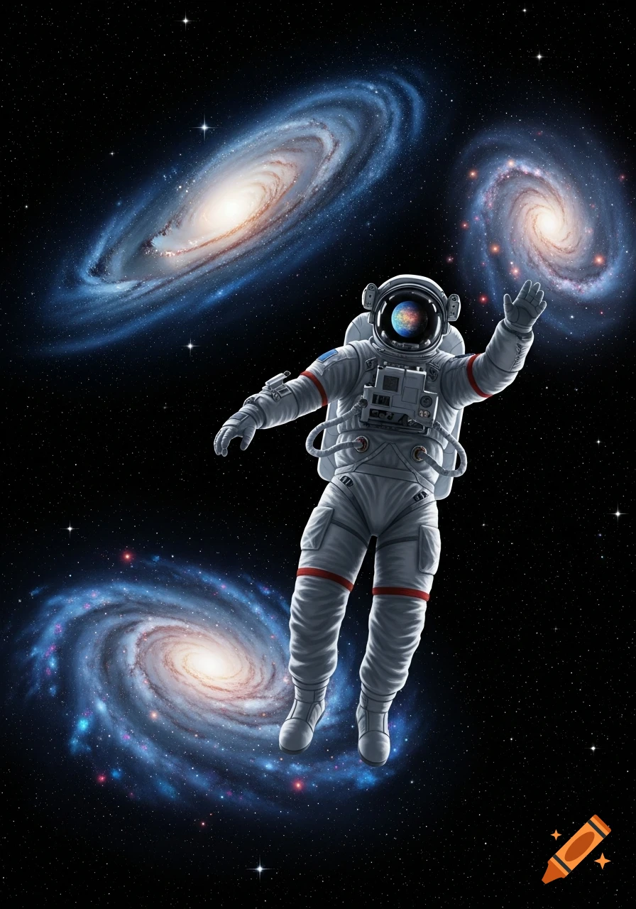 An astronaut floats in deep space, surrounded by three vibrant spiral galaxies and countless stars, with a colorful planet reflected in their helmet.