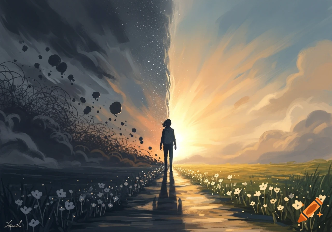 A lone figure walks on a path dividing a dark, chaotic landscape from a bright, sunny field, symbolizing a journey from despair to hope.