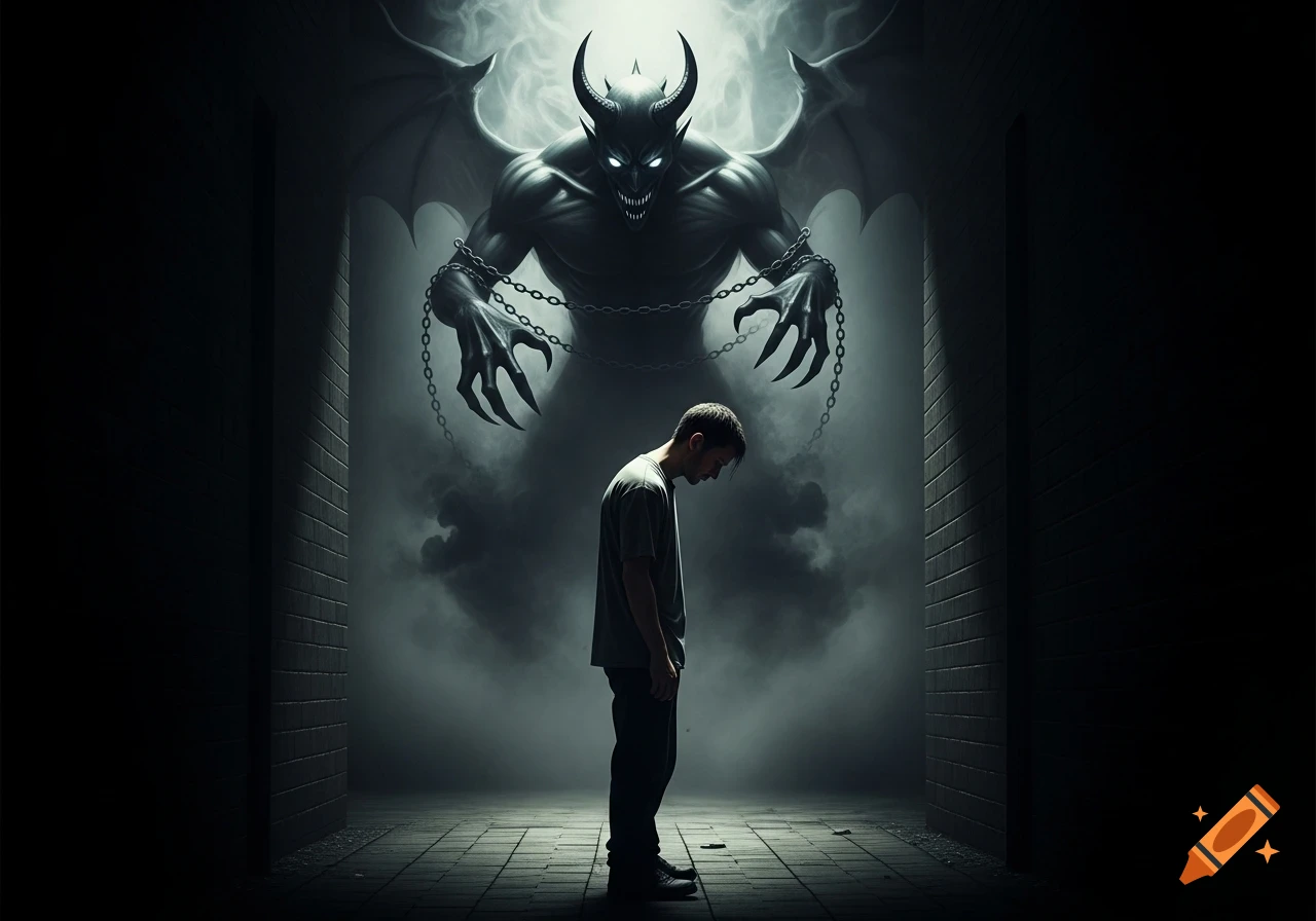 A man stands alone in a dark, smoky room, head bowed, as a glowing-eyed demon with horns and wings looms menacingly behind him.