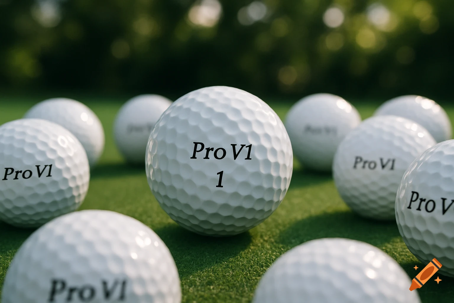 A close-up, photorealistic shot of several white golf balls on green grass, with 'Pro V1 1' visible on the central ball.