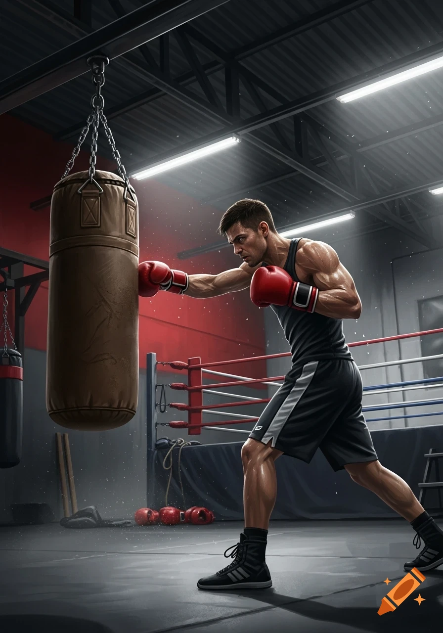 Muscular male boxer in red gloves punching a heavy bag in a gym with a boxing ring, realistic style.