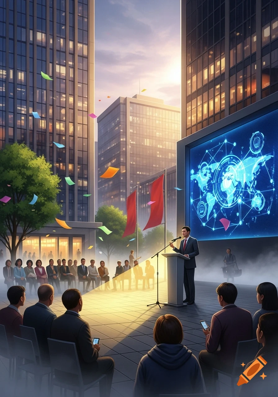 A man speaks at a podium to an audience at an outdoor business conference in a city, with a large screen showing a global data network.