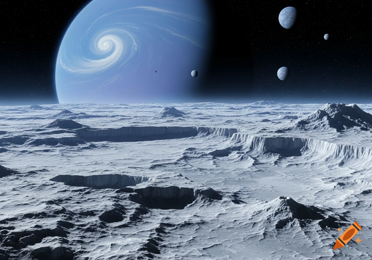 A vast, icy, cratered moonscape beneath a swirling blue gas giant and several smaller moons in a star-filled dark sky.