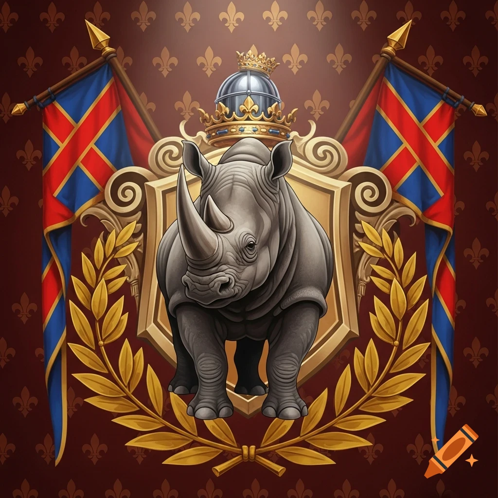 A rhinoceros on a golden coat of arms with a crown and flags, against a red background patterned with golden fleur-de-lis, illustration style.