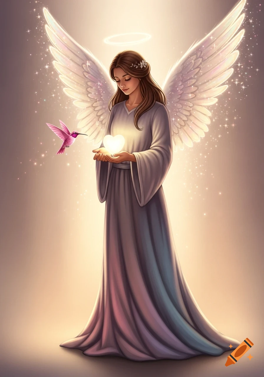 Ethereal angel with shimmering wings holds a glowing heart as a pink hummingbird flies nearby, bathed in soft, warm light.