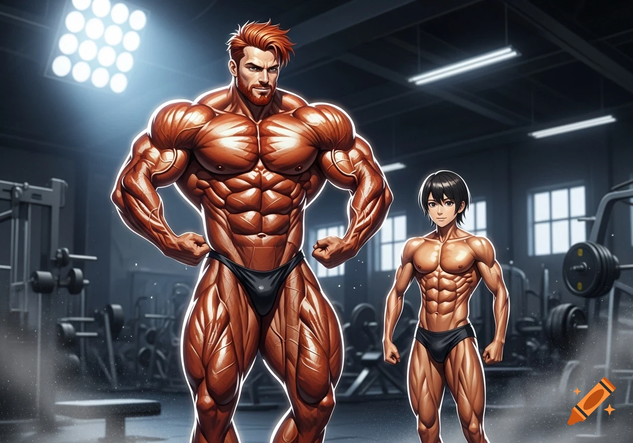 A large ginger bodybuilder and a smaller dark-haired bodybuilder flexing in a gym, anime style.
