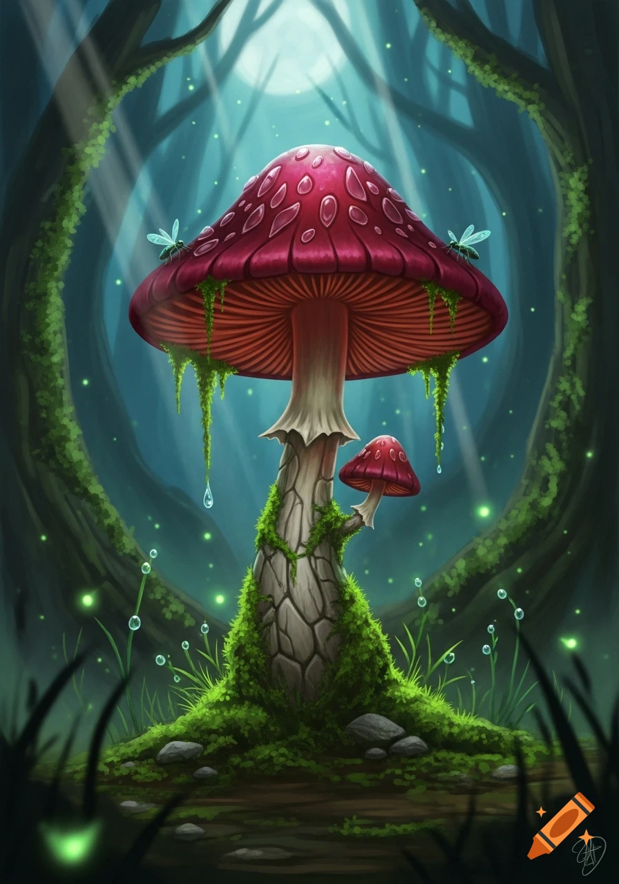 Vibrant fantasy illustration of a large red mushroom covered in moss, glowing fireflies, and light rays in a dark forest.