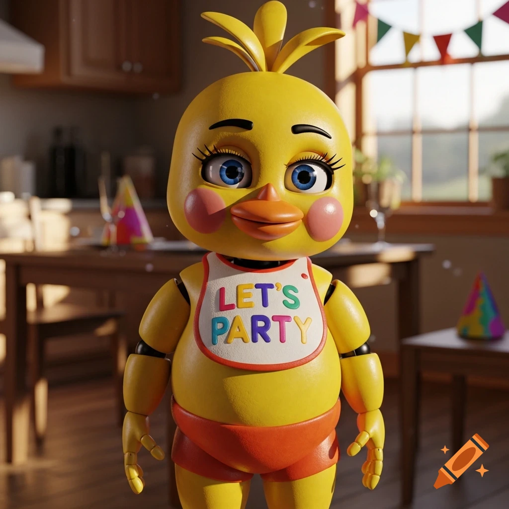 3D rendered Toy Chica animatronic wearing a 'LET'S PARTY' bib and red shorts in a warm-lit room with party decorations.