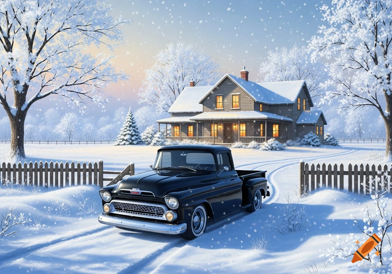 A black classic pickup truck is parked in front of a snow-covered farm house and picket fence on a snowy winter day.