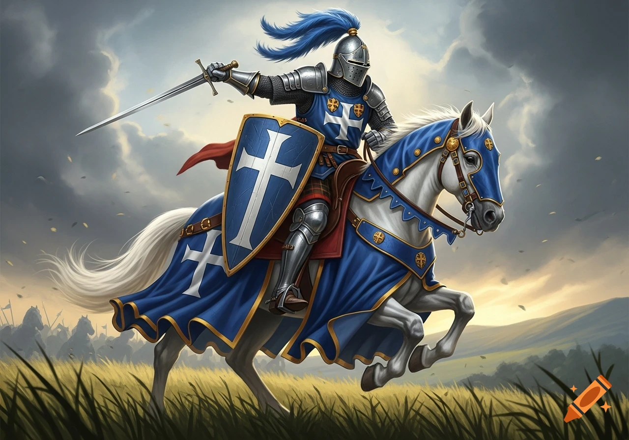 A Scottish knight in blue and gold armor, holding a sword and a shield ...