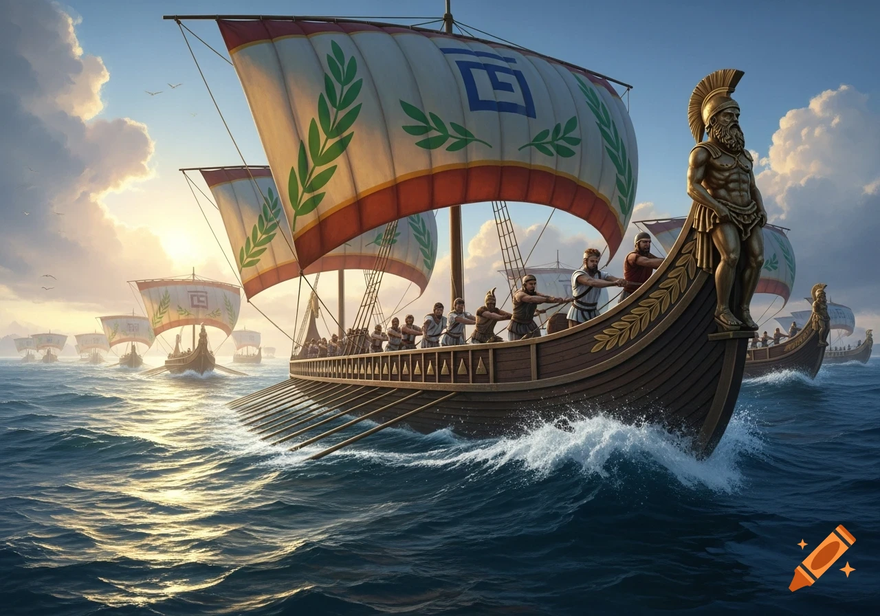 Ancient Greek-style ships with warriors and a statue figure on the bow, sailing on a vast sea under a dramatic sky at sunset, epic style.