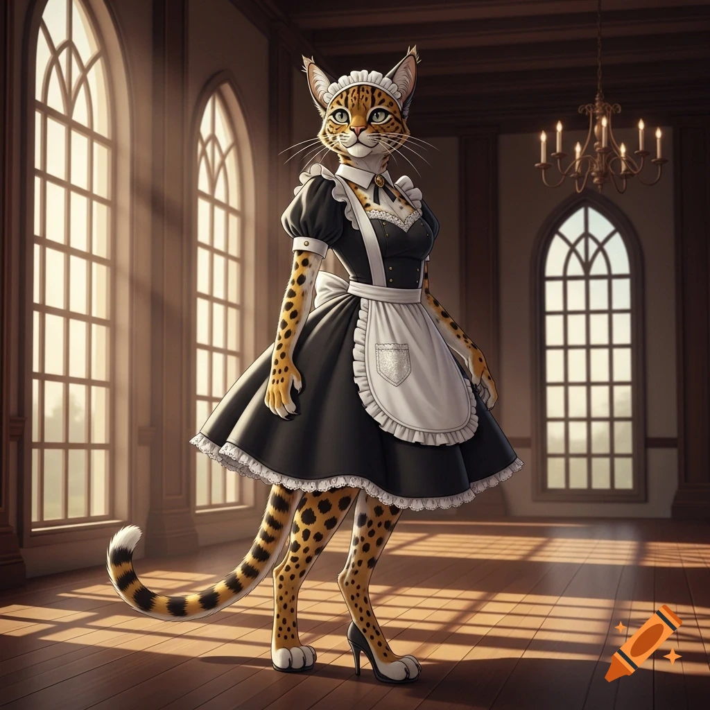 Stylized Tabaxi cat-person in a black maid uniform standing in a sunlit grand hall with arched windows.