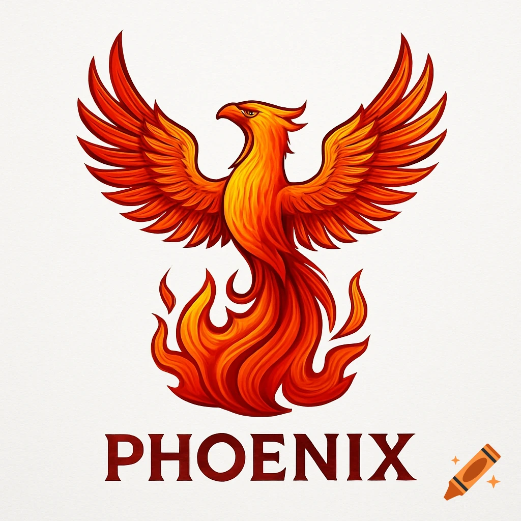 Vibrant orange and red phoenix illustration with spread wings, rising from flames, with the word PHOENIX below, in a logo style.