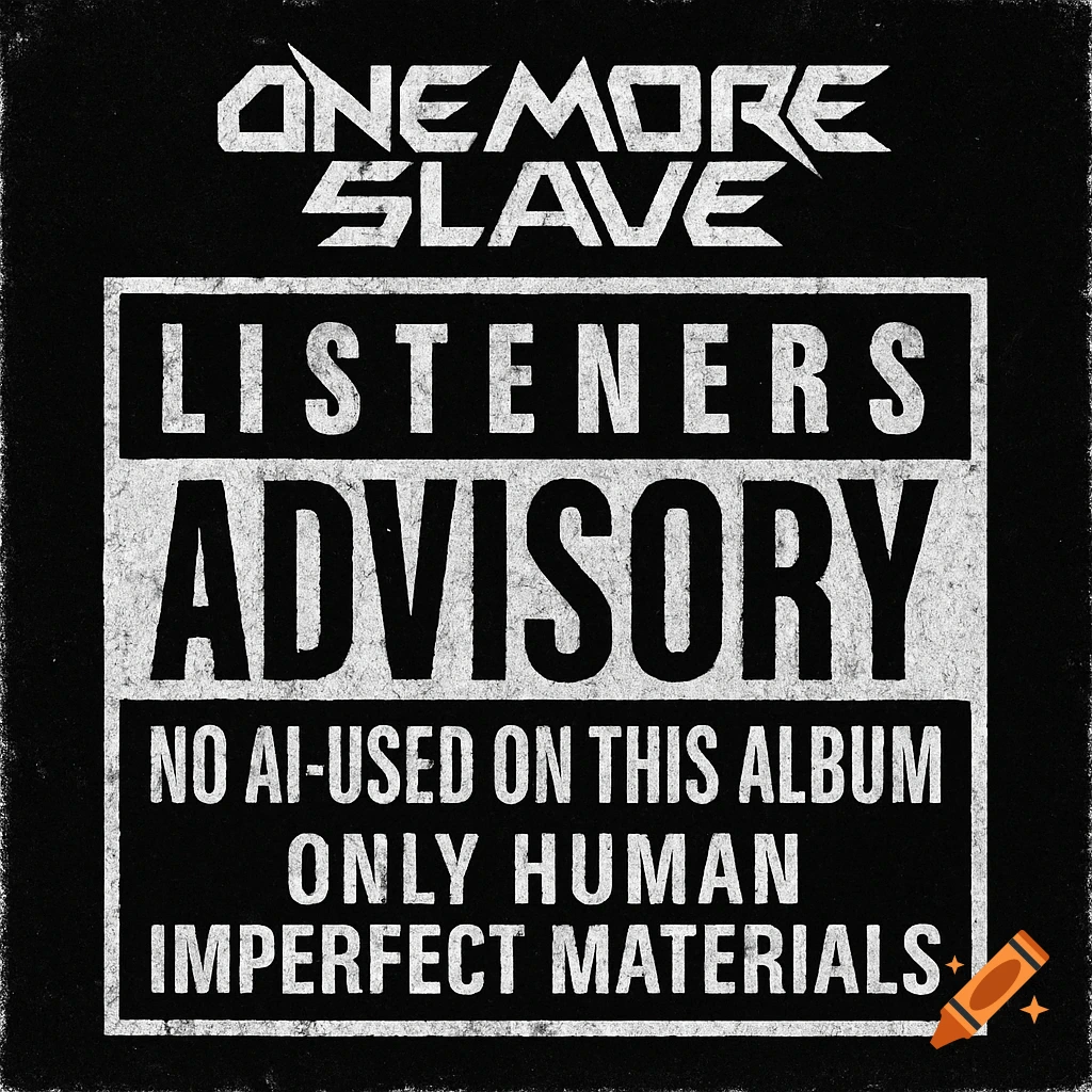 A black and white album cover parodying a Parental Advisory label, featuring Listeners Advisory text, and the band name ONE MORE SLAVE, with a gritty texture.