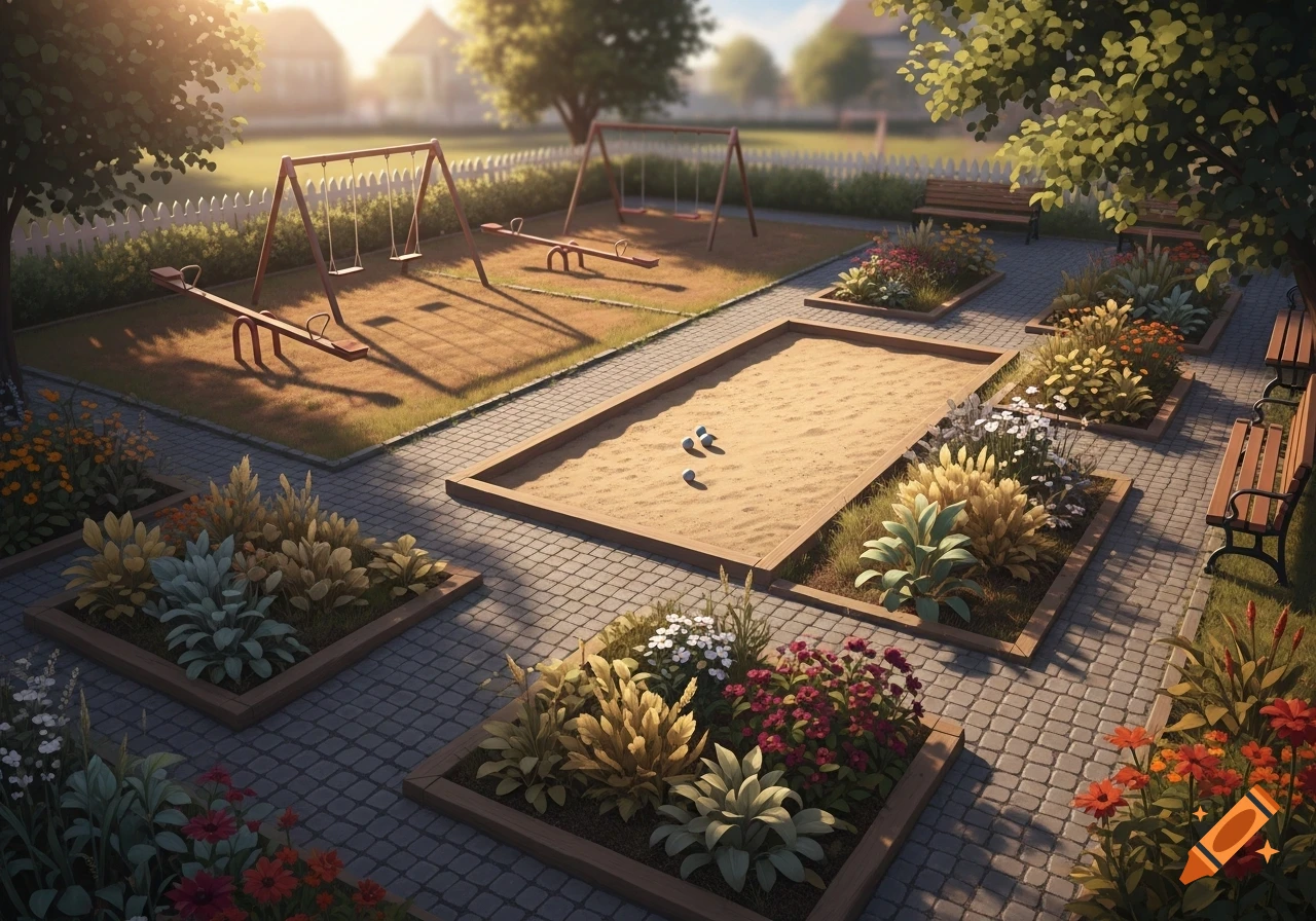 A sunny community garden featuring a playground with swings and seesaws, a bocce ball court, raised flower beds, and benches.