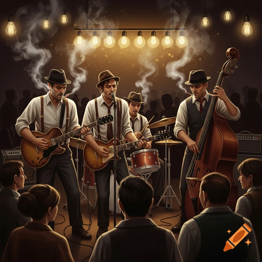 A vintage blues band performs on stage under warm string lights, with a crowd watching from the foreground. The band features a singer, two guitarists, a drummer, and a bassist.
