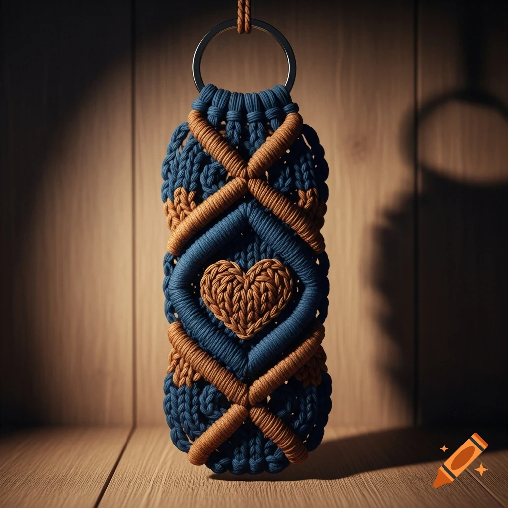 Close-up of a blue and tan macrame keychain with a heart design, hanging against a wooden background in photorealistic style.