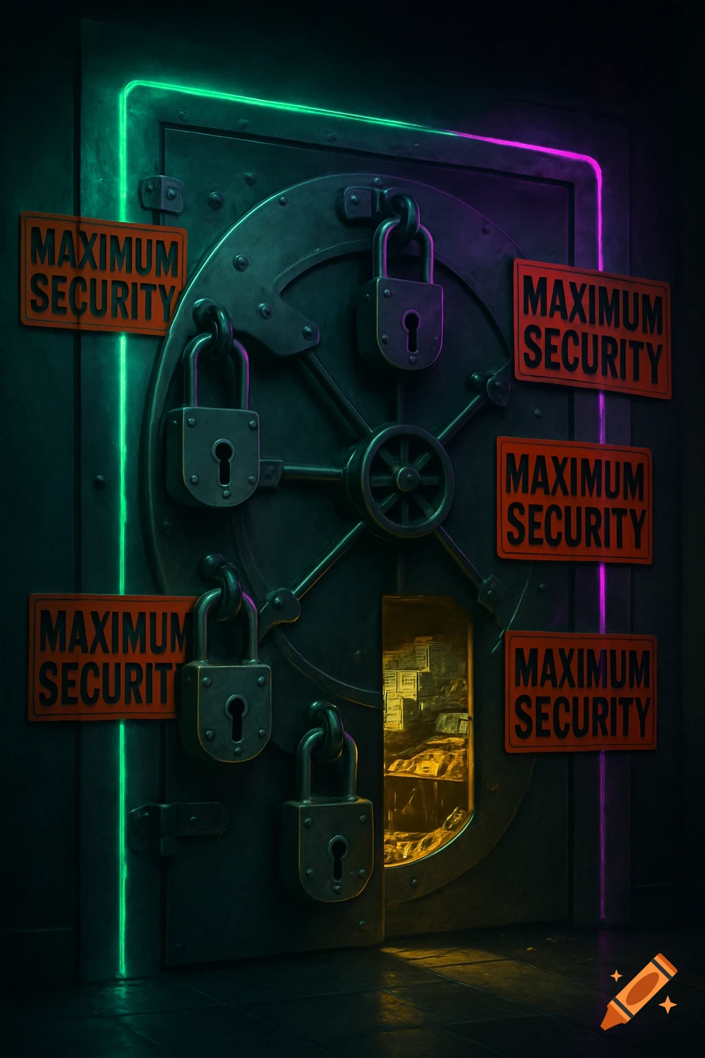 A large metal vault door with multiple padlocks and 'MAXIMUM SECURITY' signs, lit by green and purple neon, revealing money through a gap.