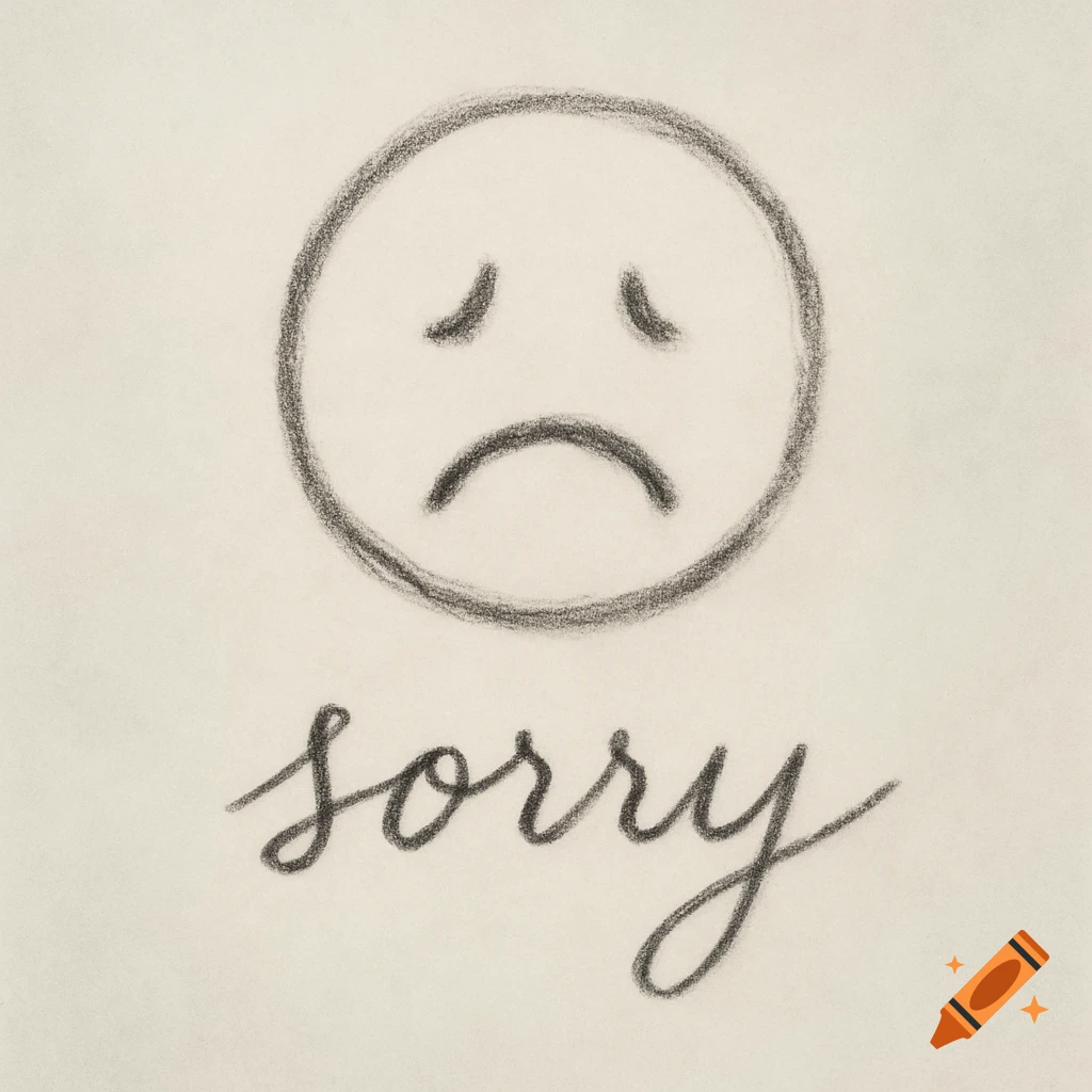 A charcoal sketch of a sad face emoji with the word "sorry" written below it on a light textured background.