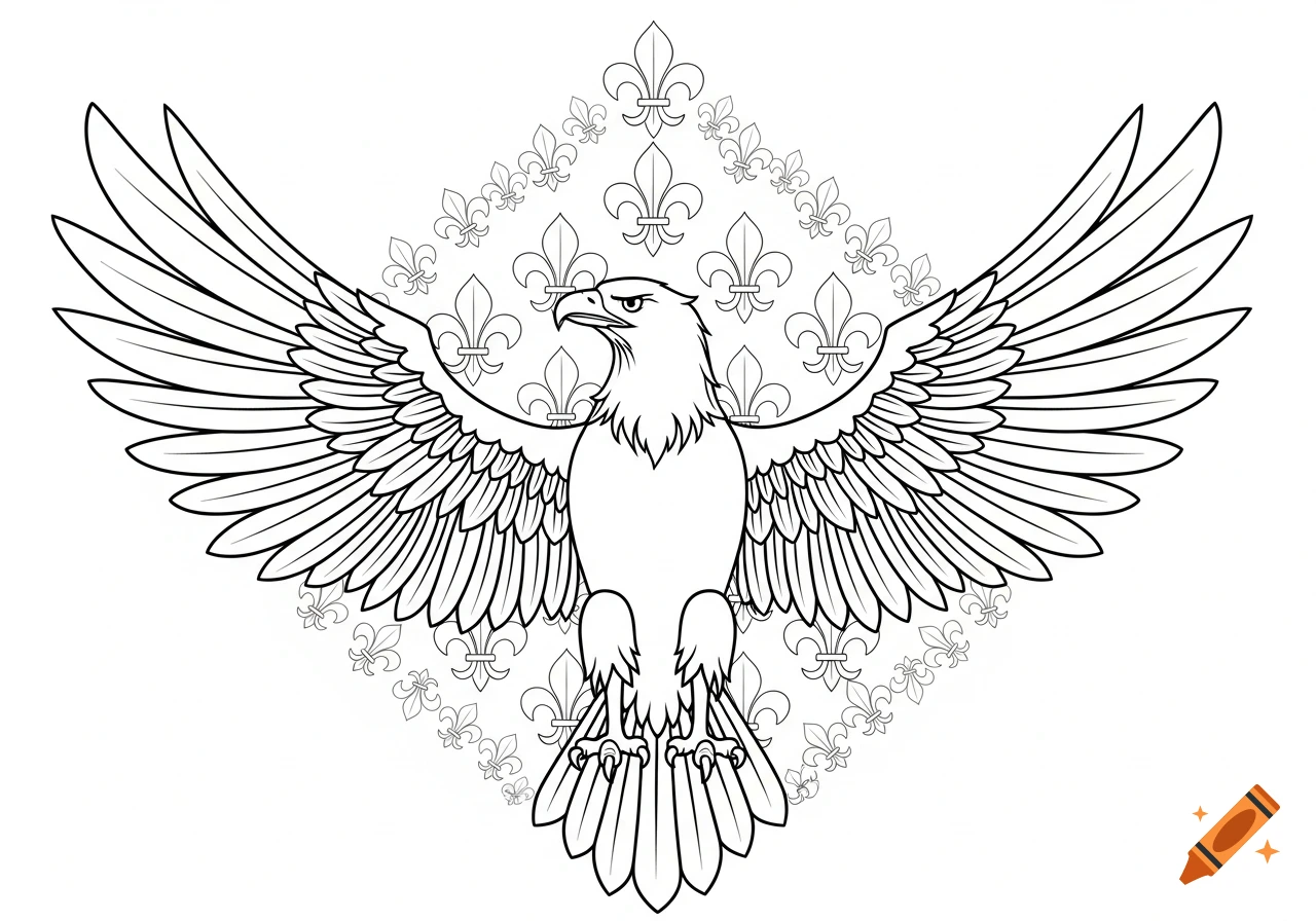 Black outline drawing of an eagle with its wings spread, against a background of faint fleur-de-lis patterns.