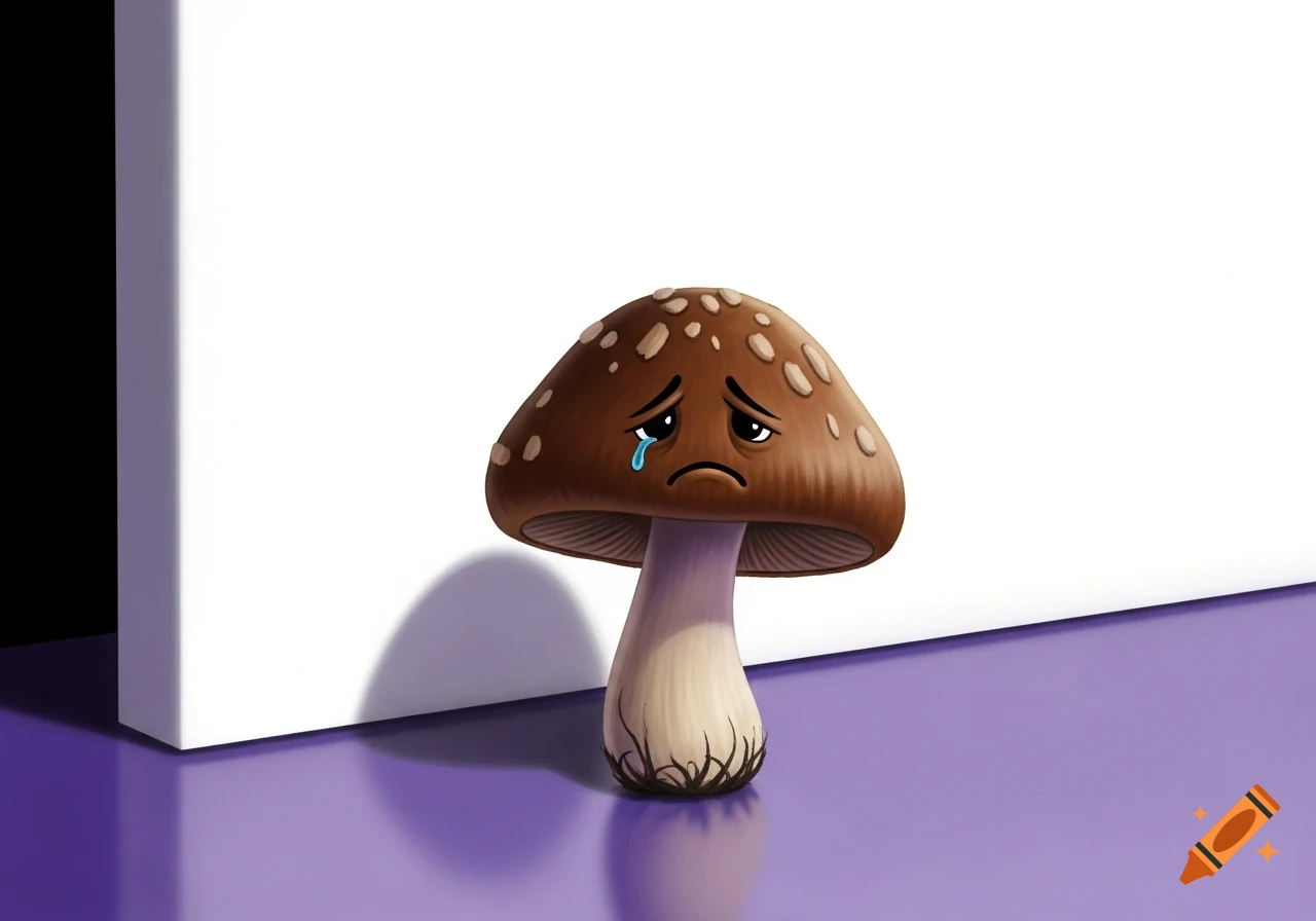 A cartoon brown mushroom with a sad face, standing on a reflective purple floor against a white wall.