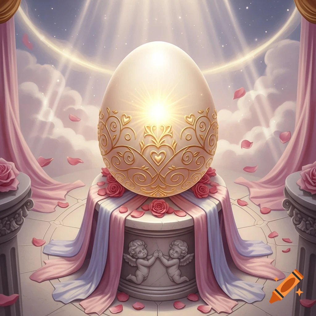 A radiant, ornate egg with golden filigree and a glowing center sits on a pedestal with cherubs, surrounded by pink roses, drapes, and divine light.