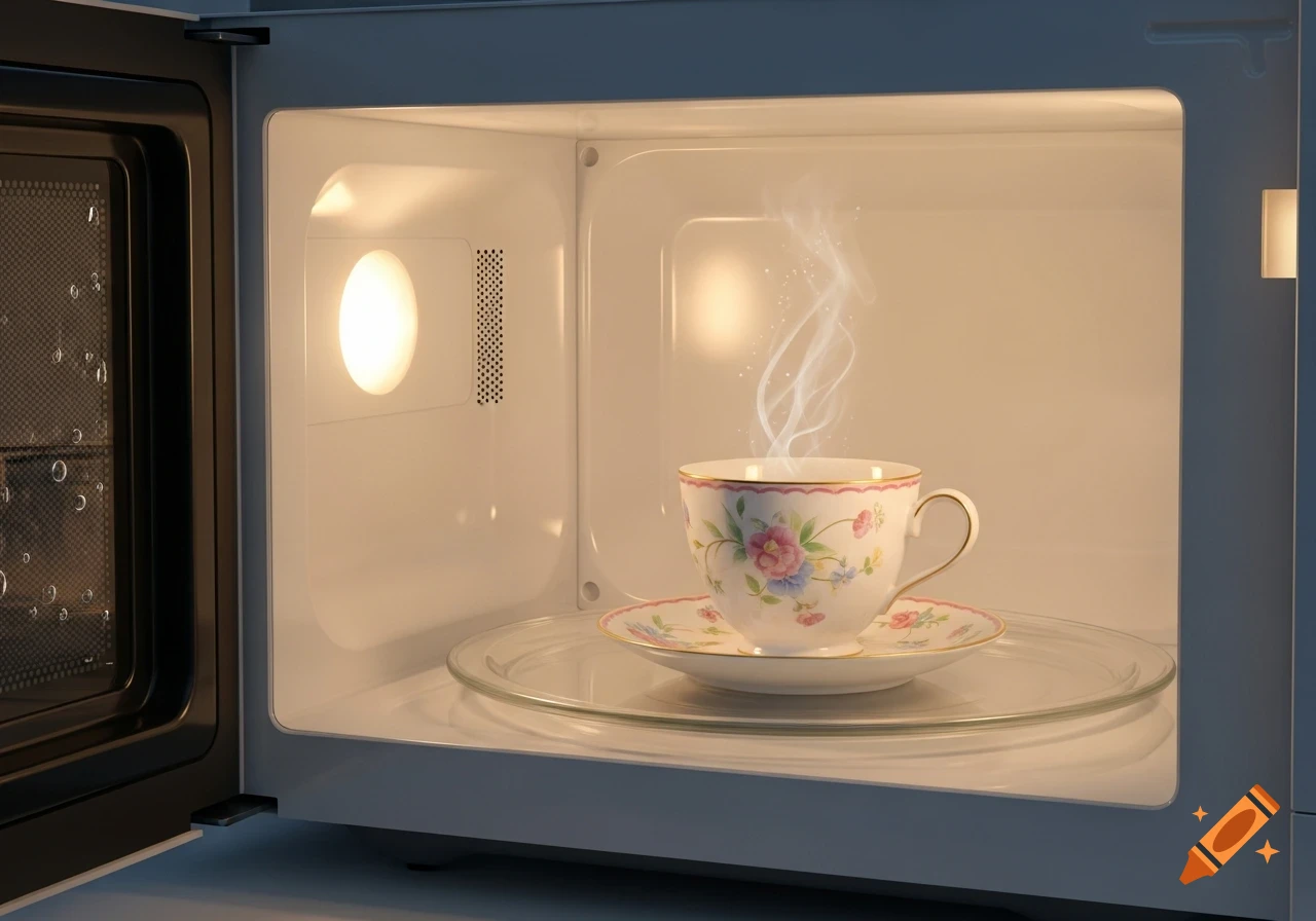 A steaming floral teacup and saucer inside an illuminated microwave oven.