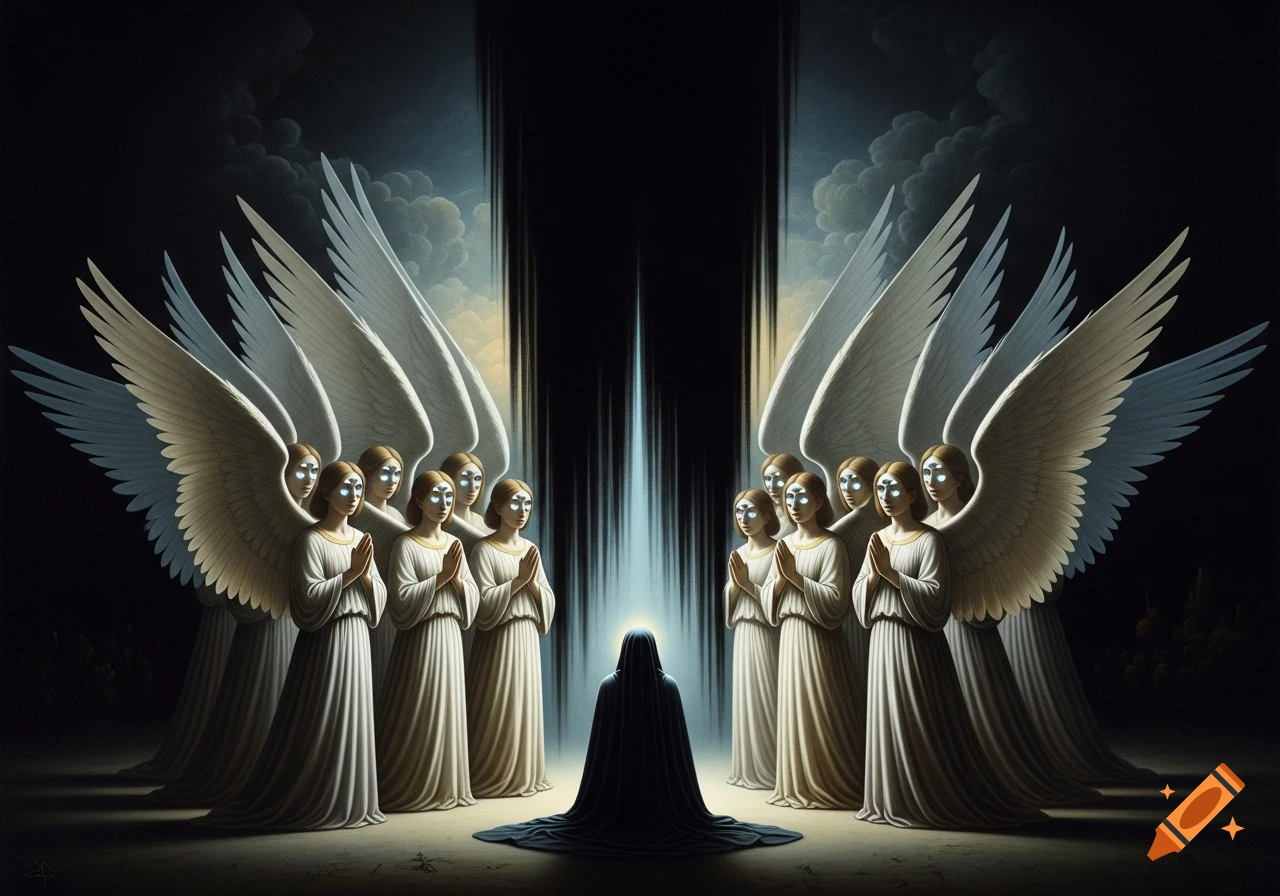 Multiple white-winged angels with glowing forehead symbols stand reverently around a kneeling, robed figure in a dark, mystical setting, in a classical painting style.