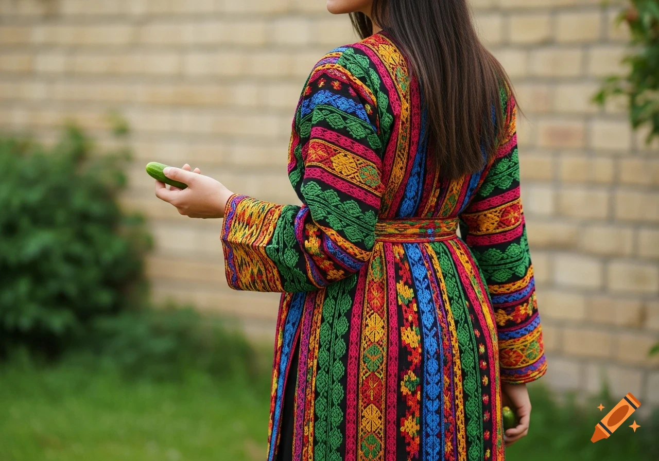 A woman seen from behind, wearing a vibrant, multi-colored patterned robe, holding a small green cucumber. Photorealistic.
