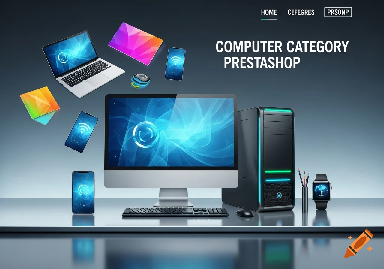 Modern electronic devices including a desktop computer, monitor, laptop, smartphones, and smartwatch, with text 'COMPUTER CATEGORY PRESTASHOP'.