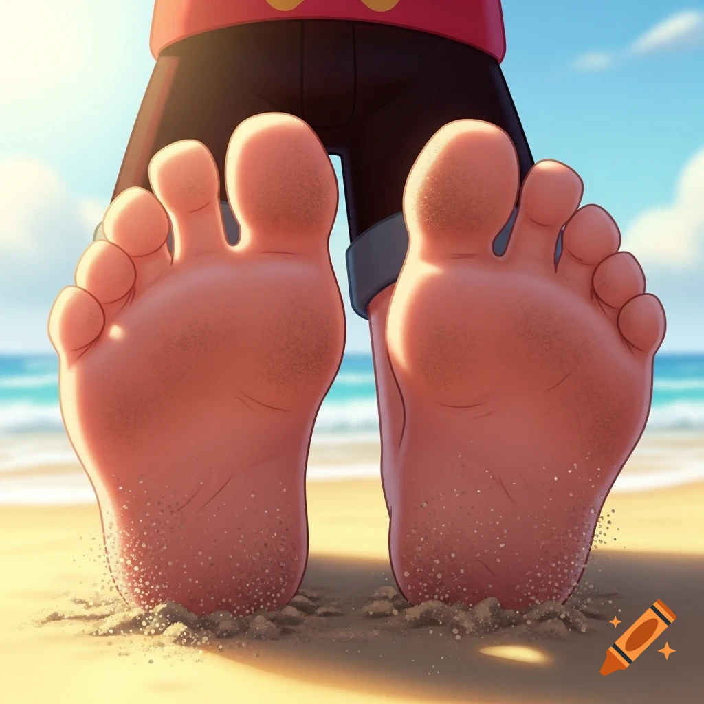Close-up of two large, bare, sandy feet soles of an animated character on a sunny beach with the ocean in the background.