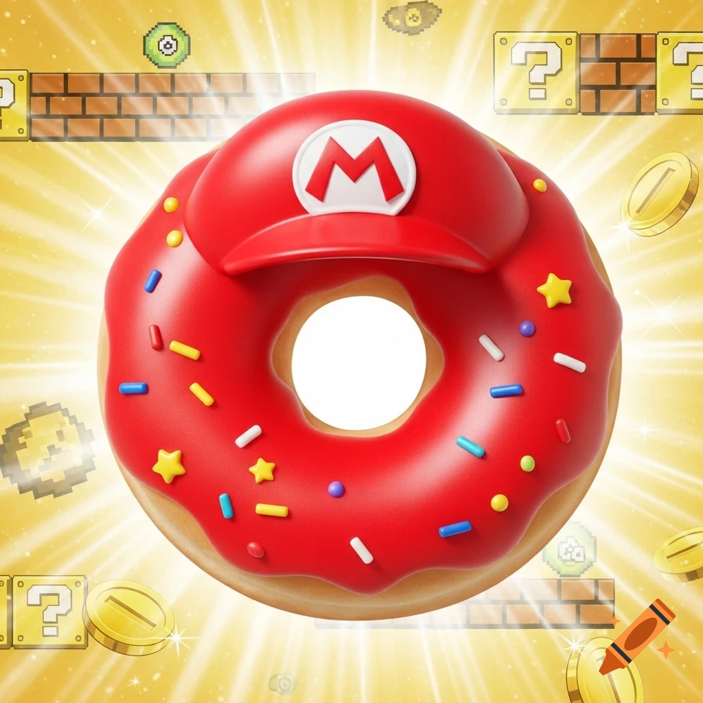 A red-frosted donut wearing a Mario hat, surrounded by Super Mario coins and question blocks on a golden background.
