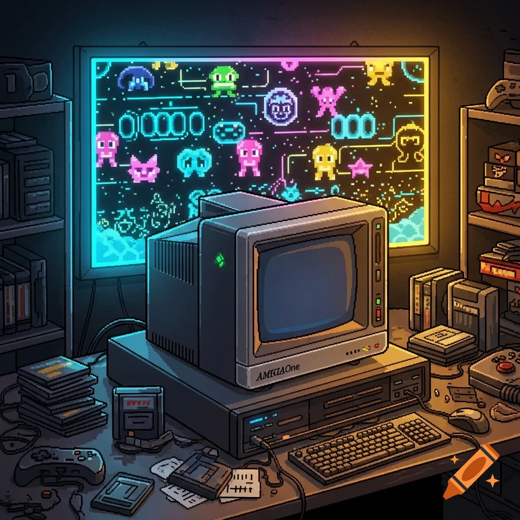 A pixel art illustration of a retro computer setup with an old monitor displaying colorful pixel game characters, surrounded by game cartridges and controllers.