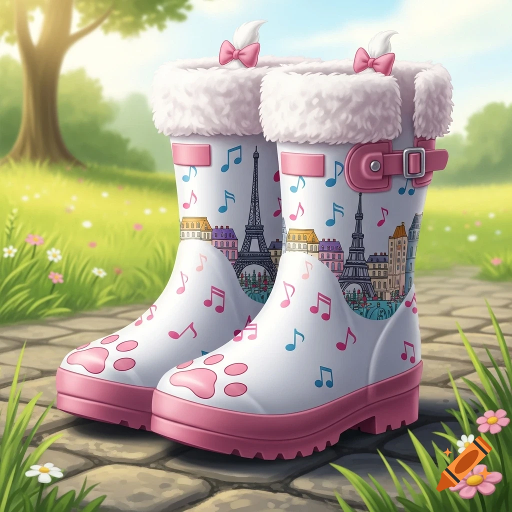 A pair of whimsical white and pink welly boots with paw prints, musical notes, and a Paris cityscape design, on an outdoor path.