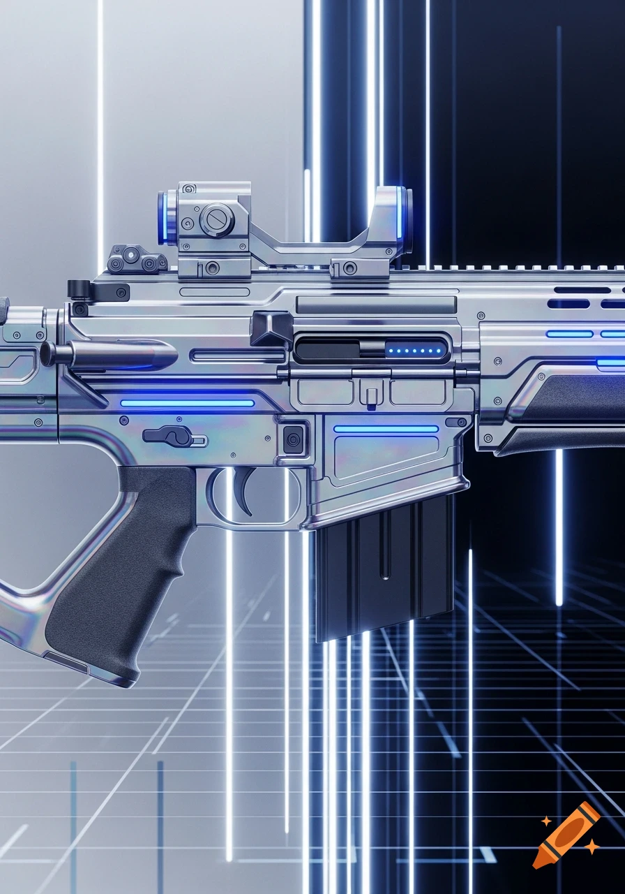 Close-up of a futuristic silver rifle with glowing blue accents against a backdrop of vertical light strips.
