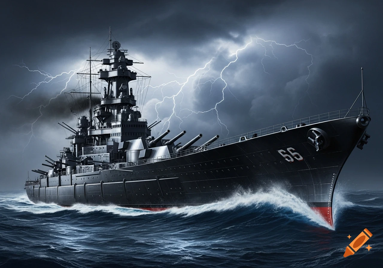 A dark grey battleship with red hull markings cuts through stormy blue seas under a lightning-filled, dark grey sky.
