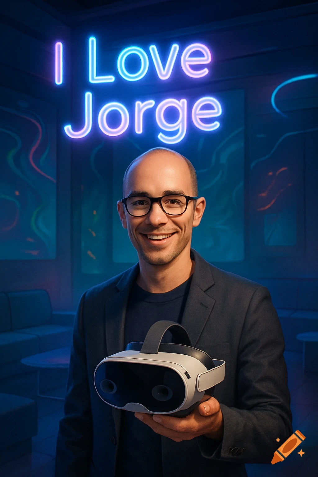 Smiling bald man with glasses holds a white Meta Quest VR headset. Neon sign 'I Love Jorge' in a modern, neon-lit room.