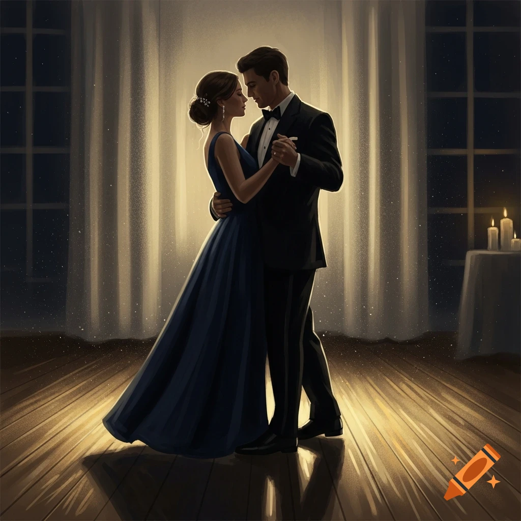 A couple slow dances in a dimly lit, elegant room, illuminated by soft golden light from a window and candles.