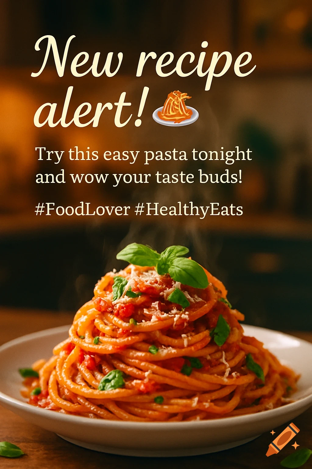 Photorealistic image of a steaming plate of spaghetti with tomato sauce, basil, and parmesan cheese. Text reads: 'New recipe alert!'