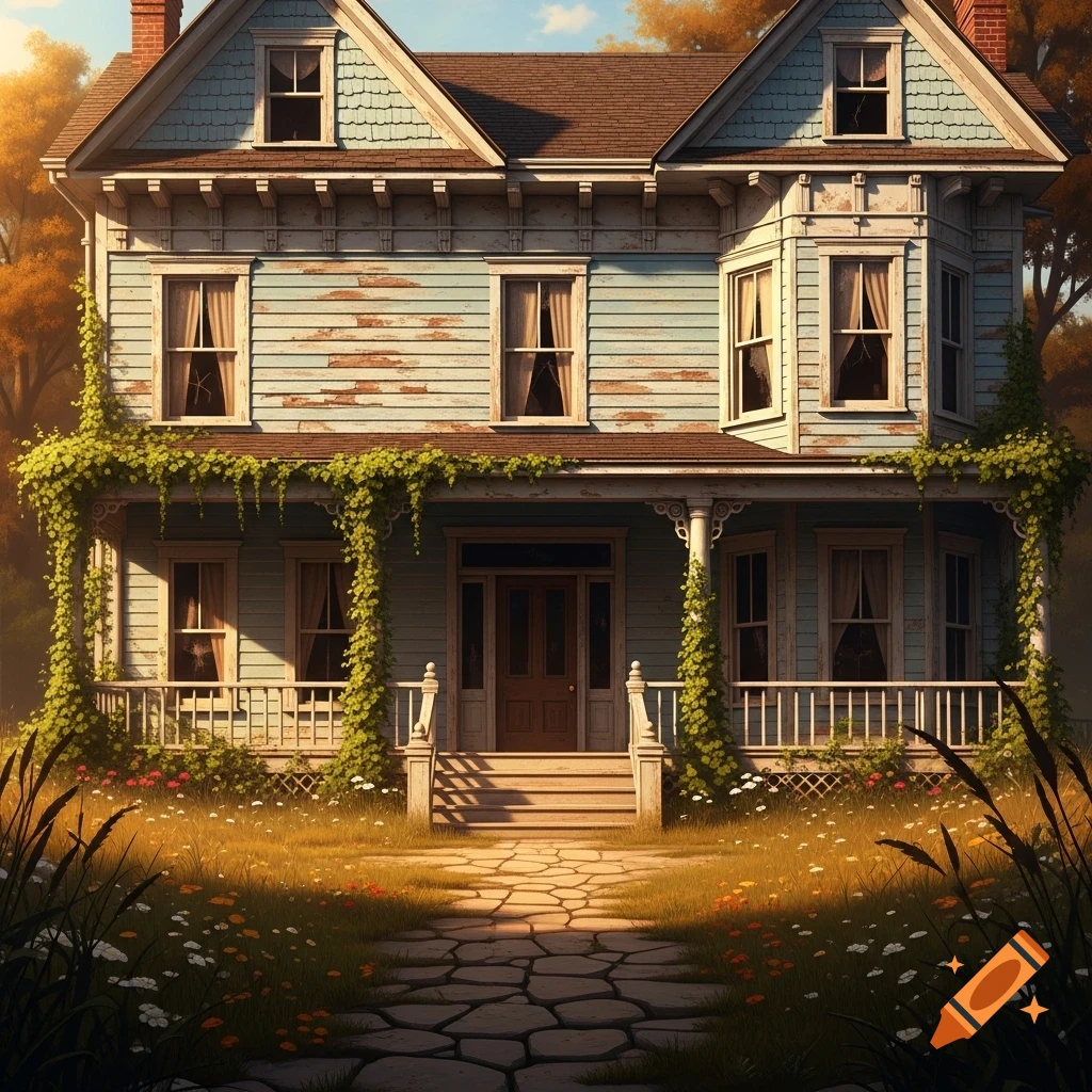 A dilapidated light blue two-story house with a porch, overgrown with vines, in a grassy yard with wildflowers and a stone path, photorealistic.
