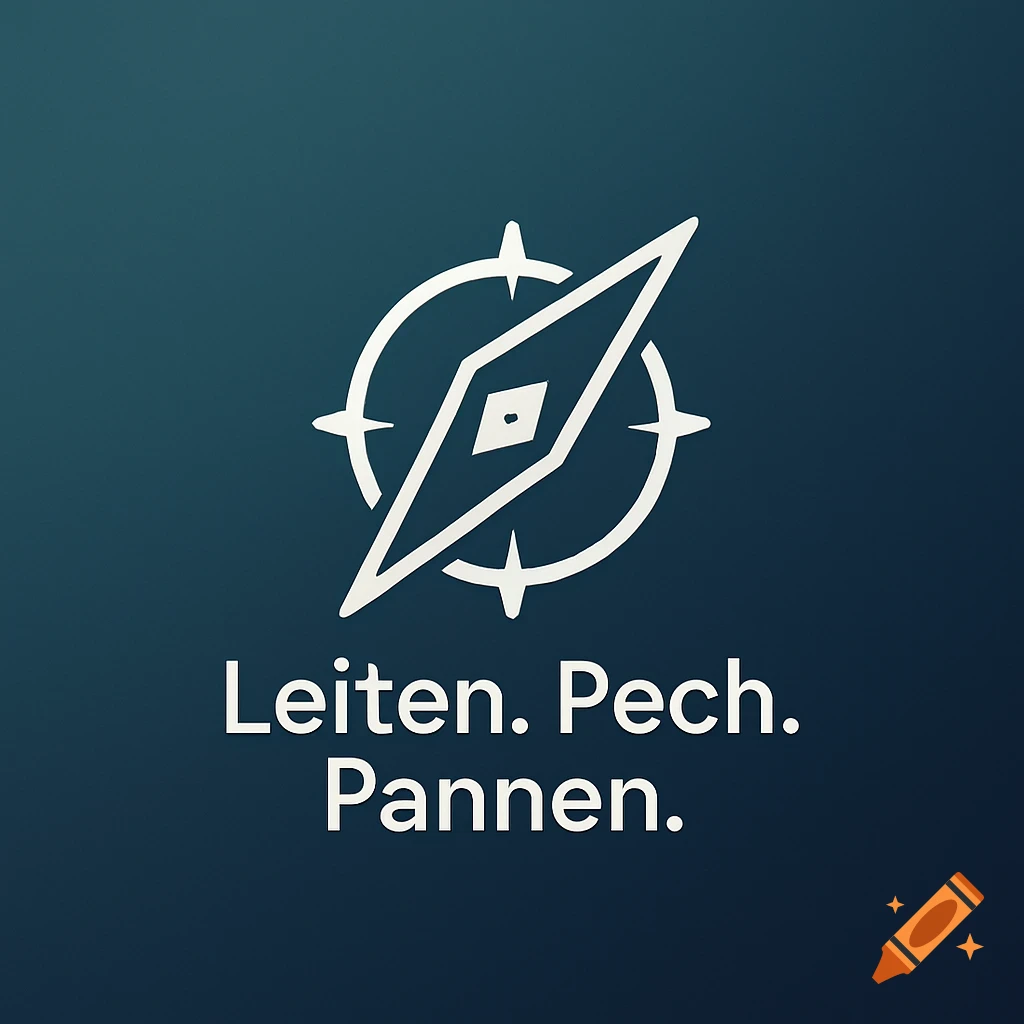 A white compass logo within a circle on a dark teal background, with the German text "Leiten. Pech. Pannen." below it.