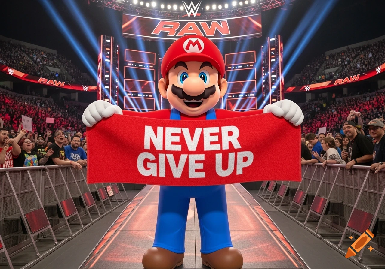 Super Mario on a WWE RAW stage holding a red 'NEVER GIVE UP' banner, with a cheering crowd and spotlights.