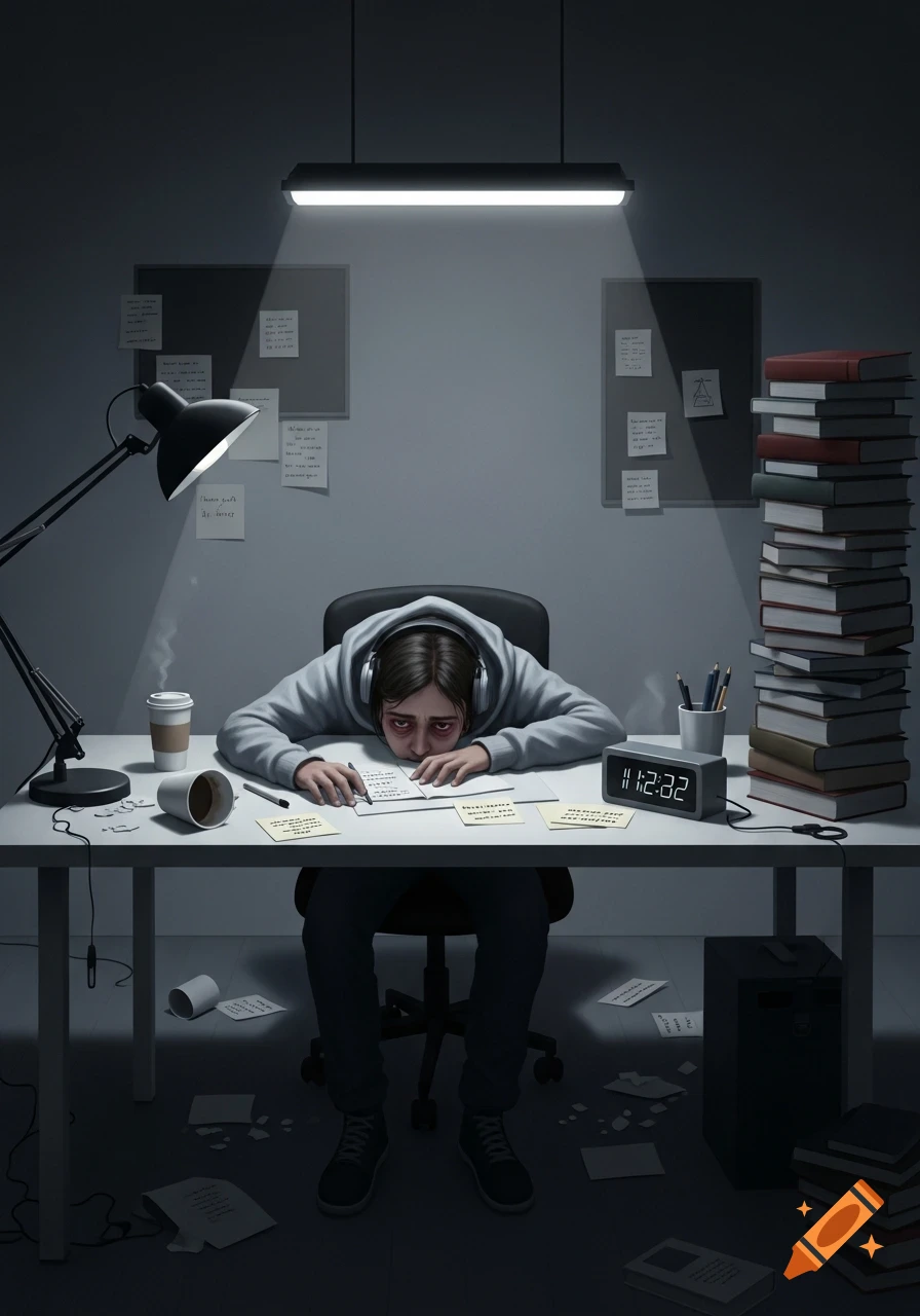 An exhausted person with headphones on, head slumped on a desk covered in papers and a pen, under a bright desk lamp, in a dim room filled with books and messy notes.