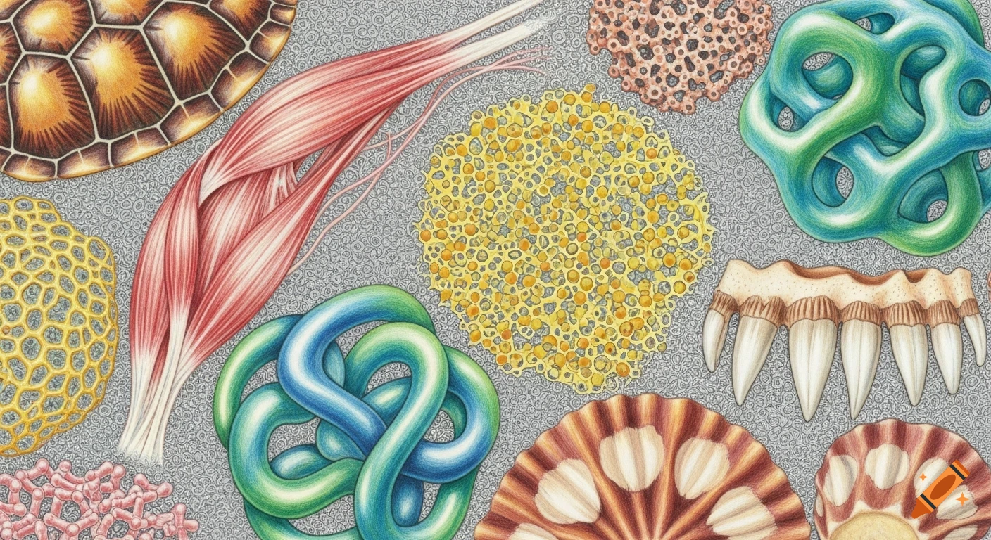 Colorful scientific illustration of a turtle shell, muscle, limpet teeth, and various microstructures in colored pencil style.