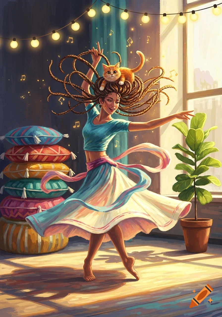 Vibrant illustration of a joyful woman dancing with a cat on her head, musical notes, colorful cushions, and string lights.